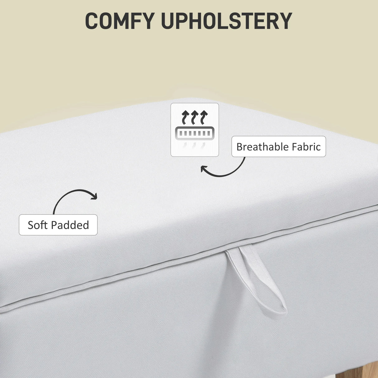 HOMCOM 30L Linen Storage Ottoman Padded Footstool with Rubberwood Legs for Storage Box, Bed End, Shoe Bench, Seating, Cream White