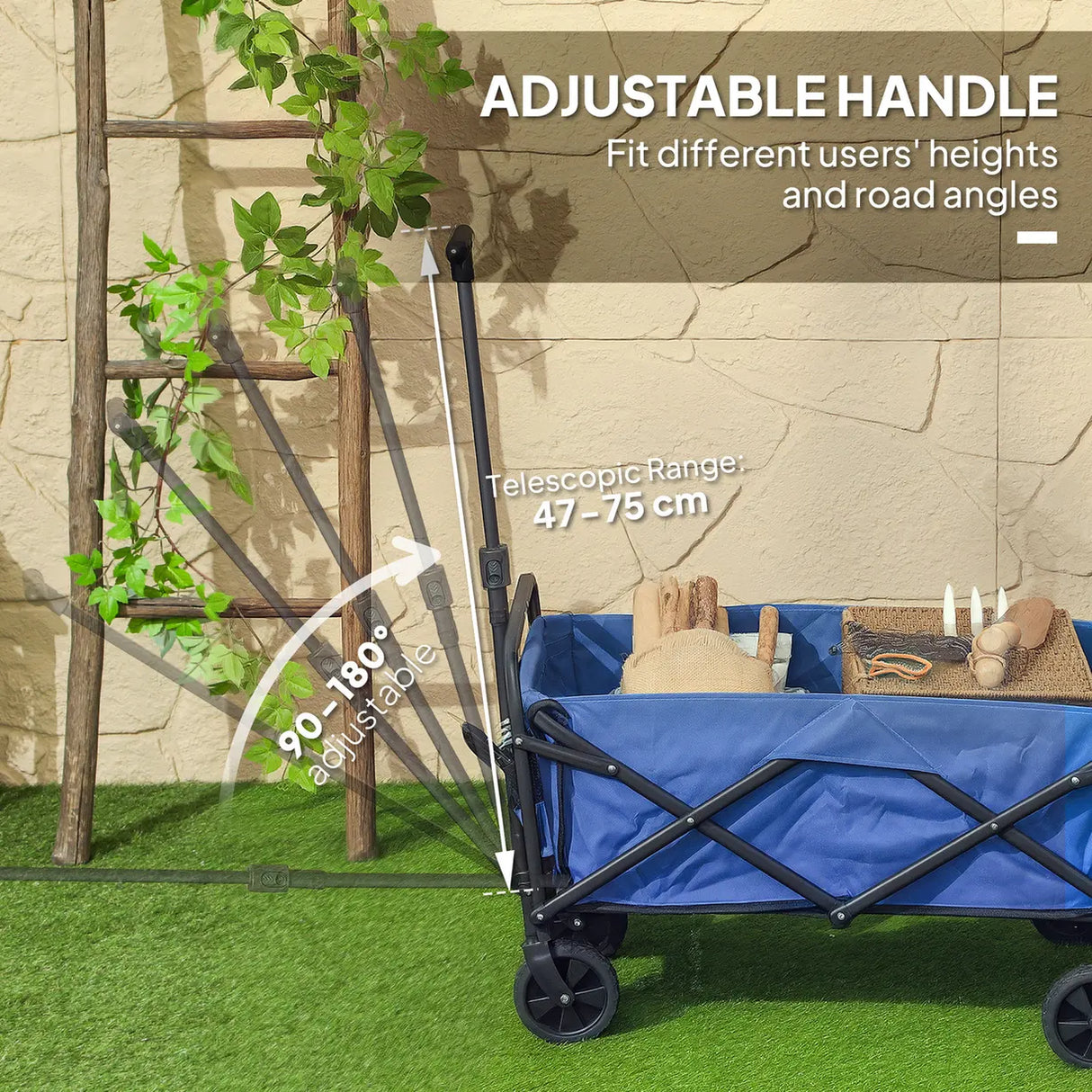Outsunny 62L Festival Trolley on Wheels, Garden Folding Trolley Cart, 120kg Heavy Duty Collapsible Folding Wagon with Adjustable Handle and Carrying Bag for Beach, Camping, Festival, Blue