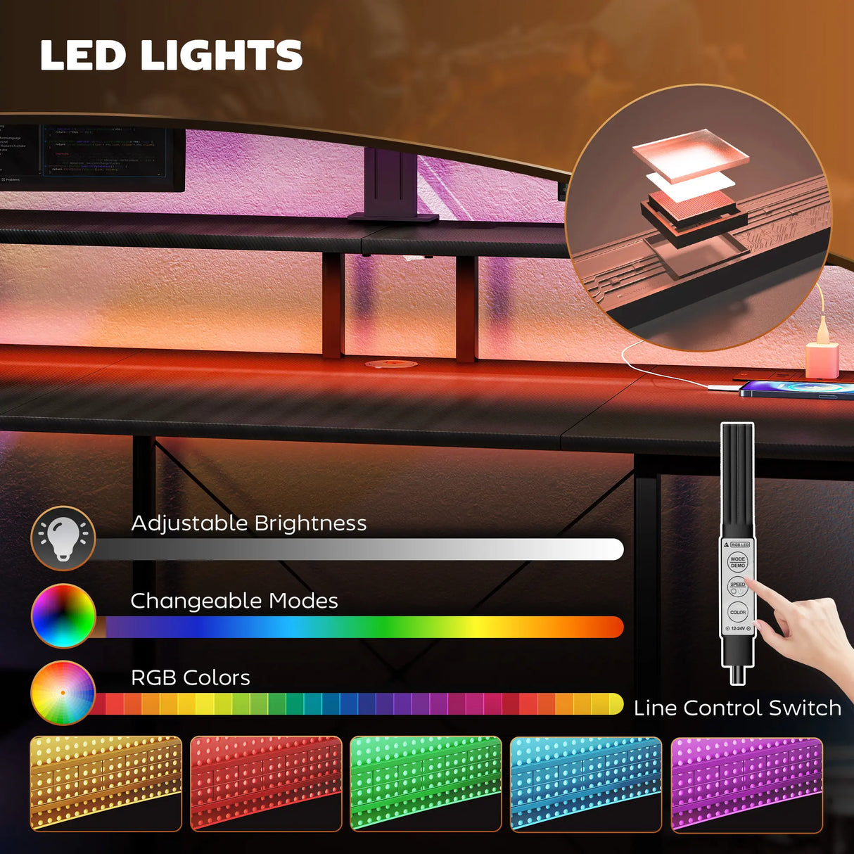 HOMCOM LED Computer Desk, with Power Outlets and Shelves - Carbon Fibre Grey