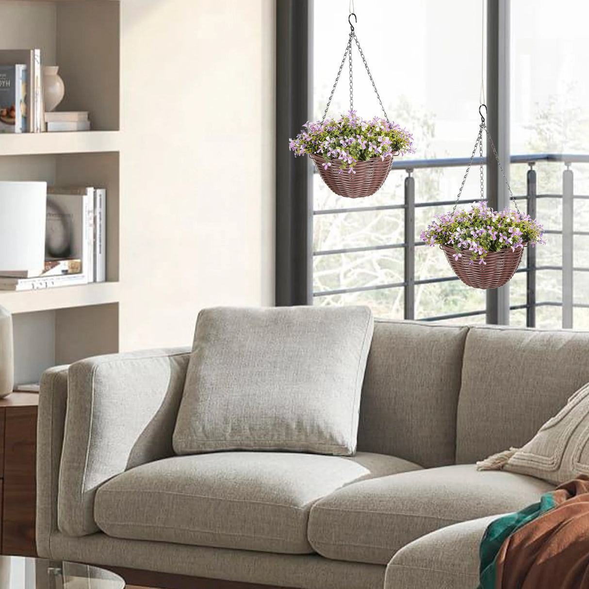 HOMCOM Artificial Flowers in Basket Set of 2, Artificial Hanging Baskets with 75 Leaves and 15 Flowers in Pot, Decorative Plant for Home Office Decor, Purple