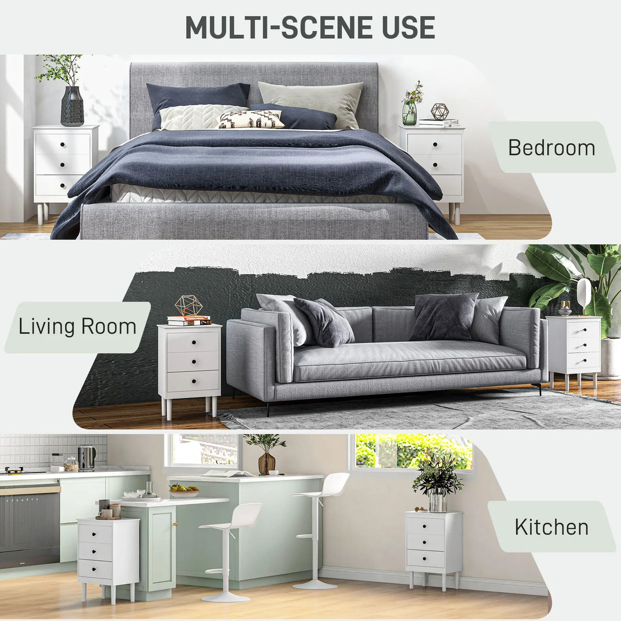 HOMCOM Set of Two Three-Drawer Bedside Tables - White