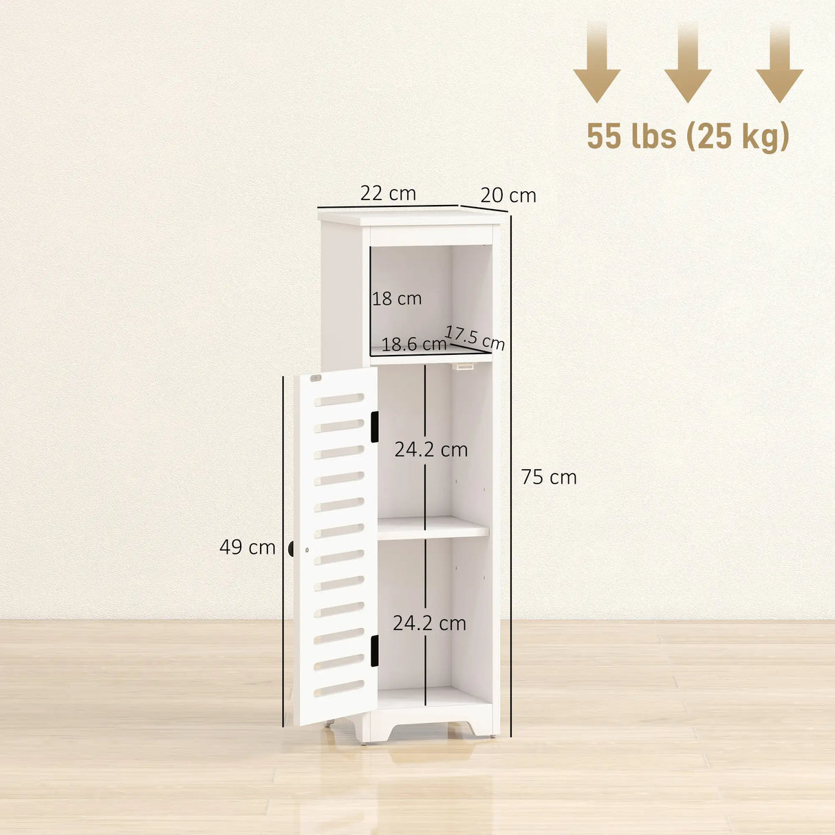 HOMCOM Bathroom Floor Cabinet, Bathroom Storage Unit with Louvered Door, Open Shelf, Adjustable Shelf, White, 22 x 20 x 75 cm