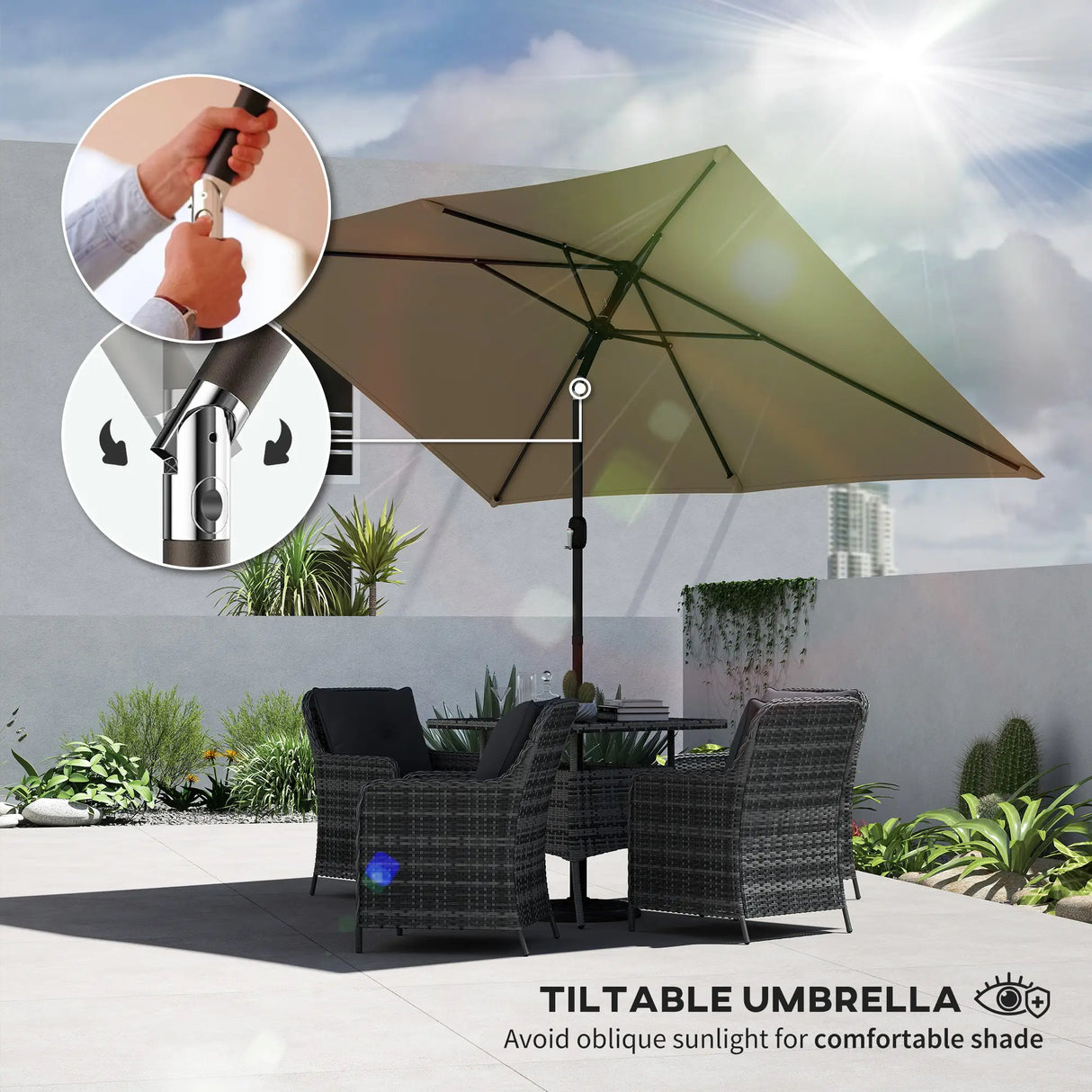 Outsunny Garden Parasol, Parasol Umbrella with Crank Handle, Tilt Function, Polyester Canopy, Khaki