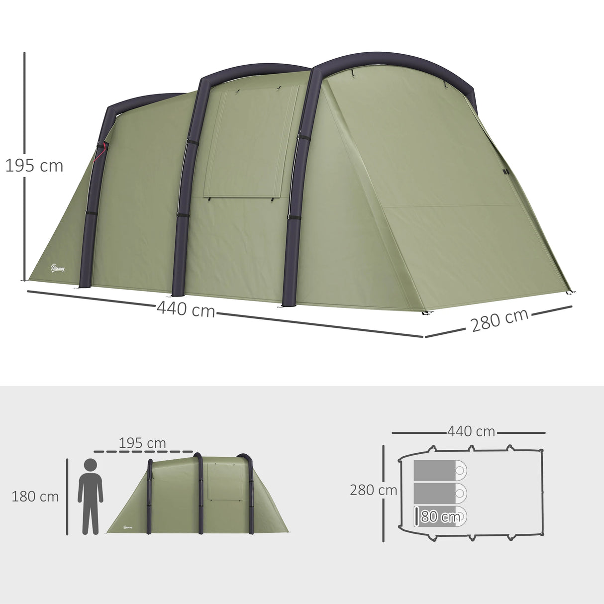 Outsunny Inflatable 3-4 Man Tunnel Tent w/ Air Pump, Living Area & Vestibule, Waterproof Family Camping Air Tent w/ Sewn In Groundsheet & Removable Footprint for Camping, Hiking, Olive Green