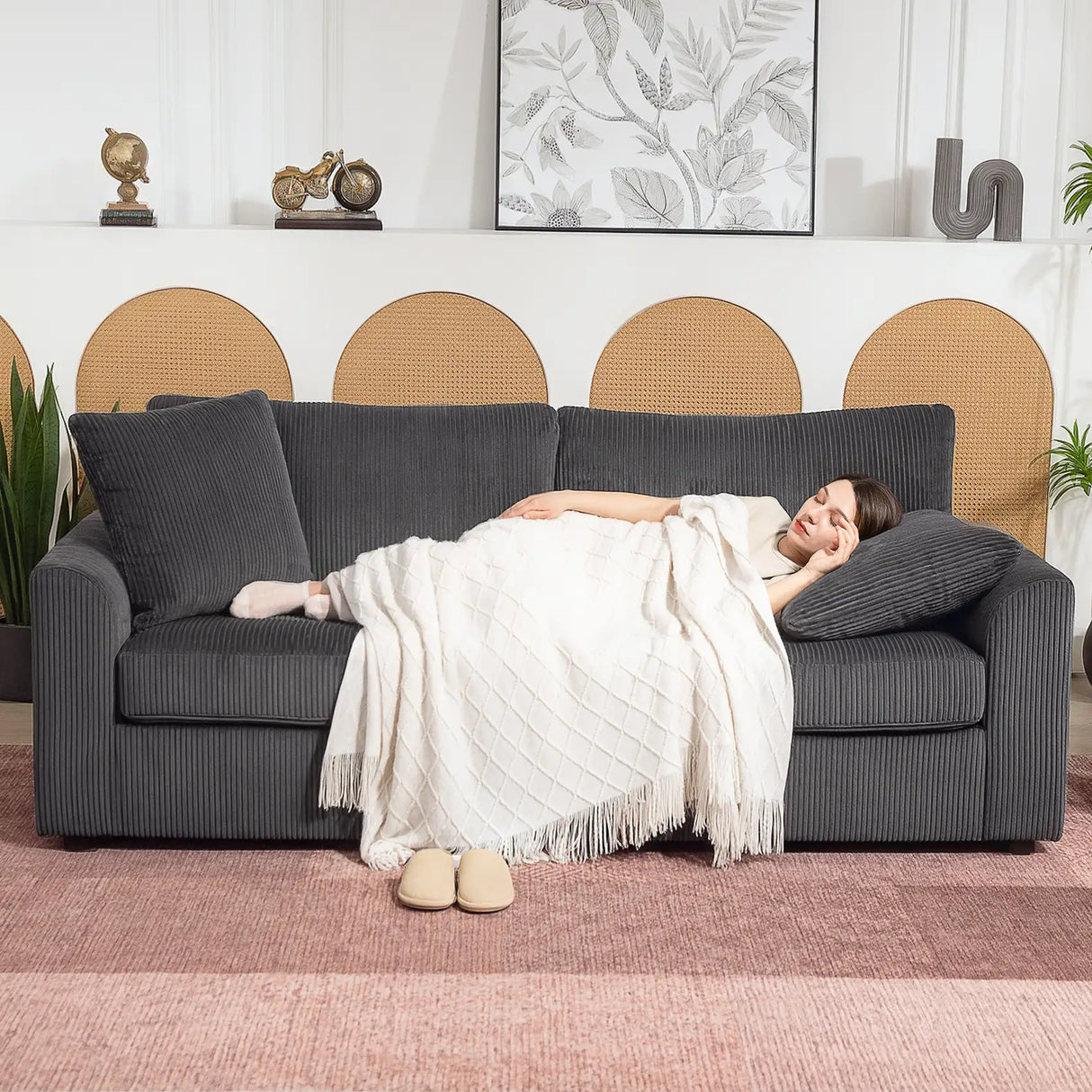 HOMCOM Modern 3 Seater Sofa with Spring Cushion, 212 cm Fabric Jumbo Cord Sofa Couch with 2 Scatter Cushions, Upholstered Corduroy Settee for Living Room, Bedroom, Home Office, Grey