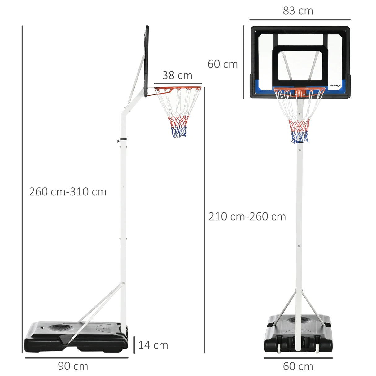 SPORTNOW 2.6-3.1m Adjustable Basketball Hoop and Basketball Stand w/ Backboard and Weighted Base, Portable on Wheels, White