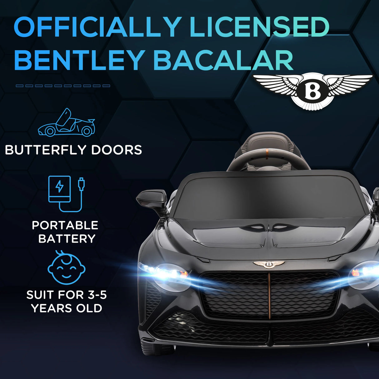 HOMCOM Bentley Bacalar Licensed 12V Kids Electric Car, with Remote Control, Black
