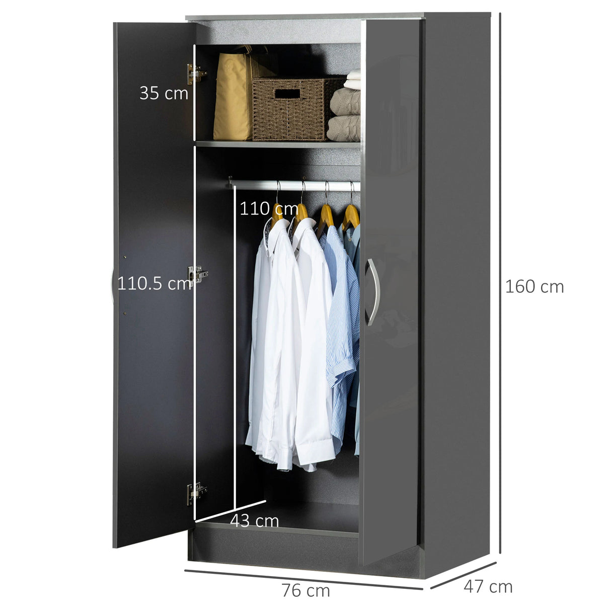 HOMCOM High Gloss Wardrobe, 2 Door Wardrobe with Hanging Rod and Storage Shelf, Clothes Storage Organizer with Anti-tipping Design for Bedroom, Grey