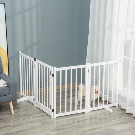 PawHut Wooden Dog Gate, Dog Fence Indoor, 80 cm Tall Freestanding Pet Gate for Small and Medium Dogs with 4 Panels, 2 Support Feet, White