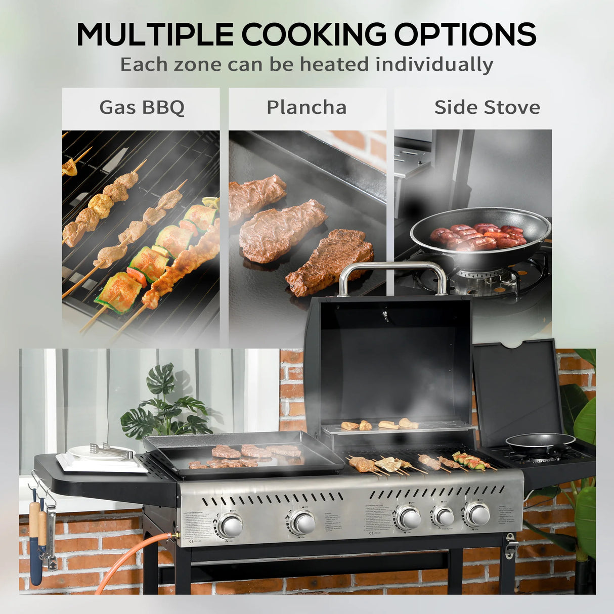 Outsunny 12kW Deluxe Duo Gas BBQ, with Grill, Plancha and Side Burner - Black