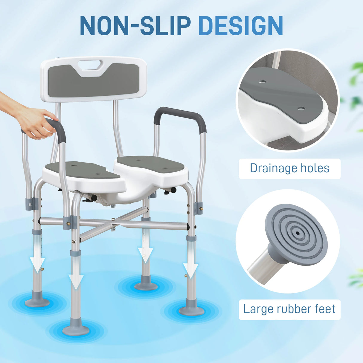 HOMCOM Shower Chair with Hygiene Cut-Out Seat and Reinforced Crossbars, Height Adjustable Padded Bath Chair with Non-slip Feet for Elderly Seniors Disabled Handicap, Tool-Free Assembly, Grey