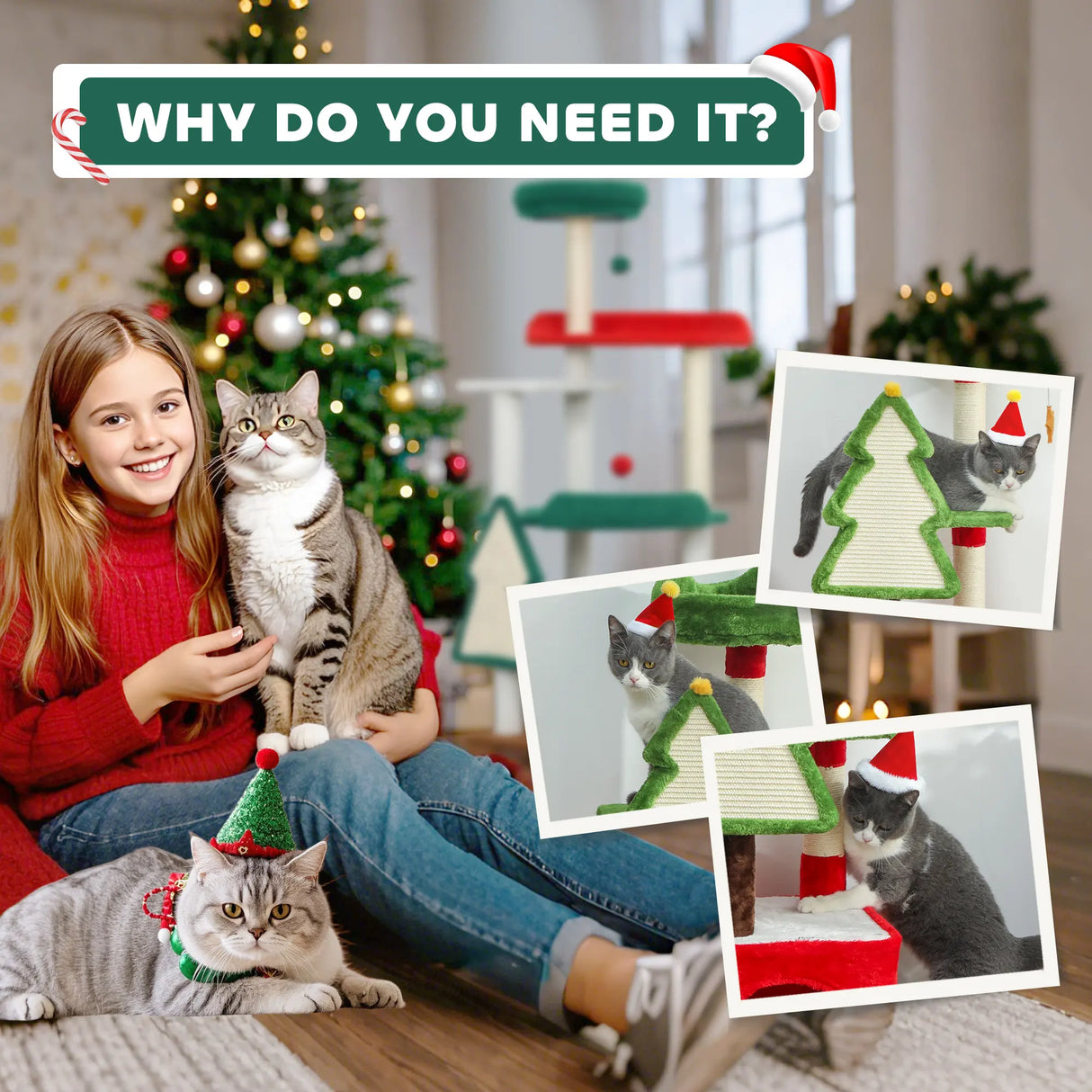 PawHut Christmas Cat Tree, 120cm Cat Tower with Scratching Post & Board, Platform, Toys, Green