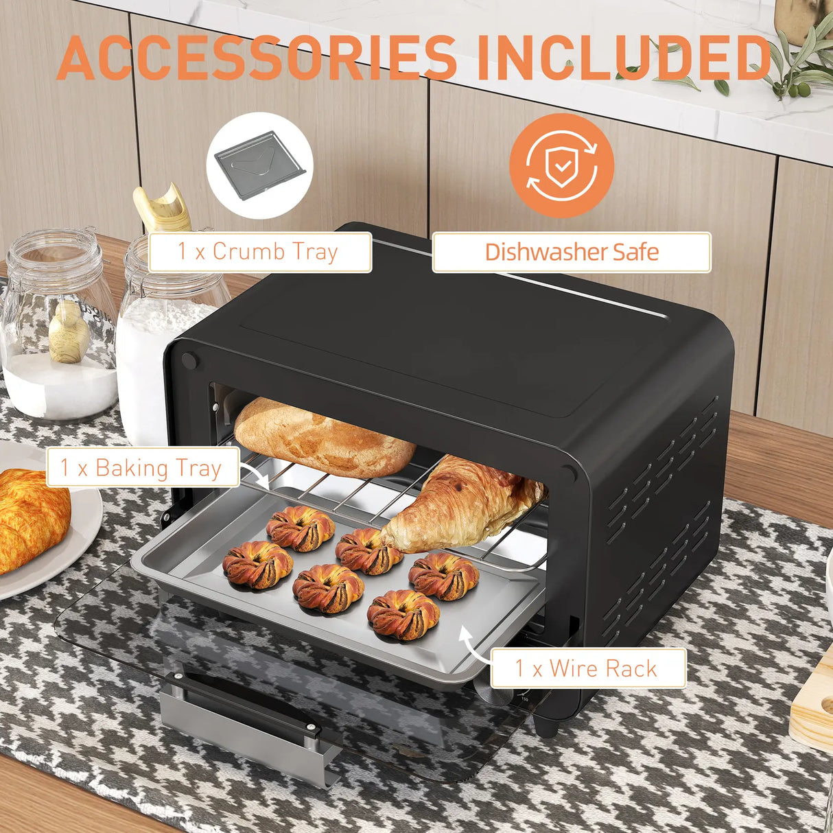 HOMCOM Small Toaster Oven, 12L Multifunction Mini Countertop Oven with Glass Door, Adjustable Temperature and Timer, Black