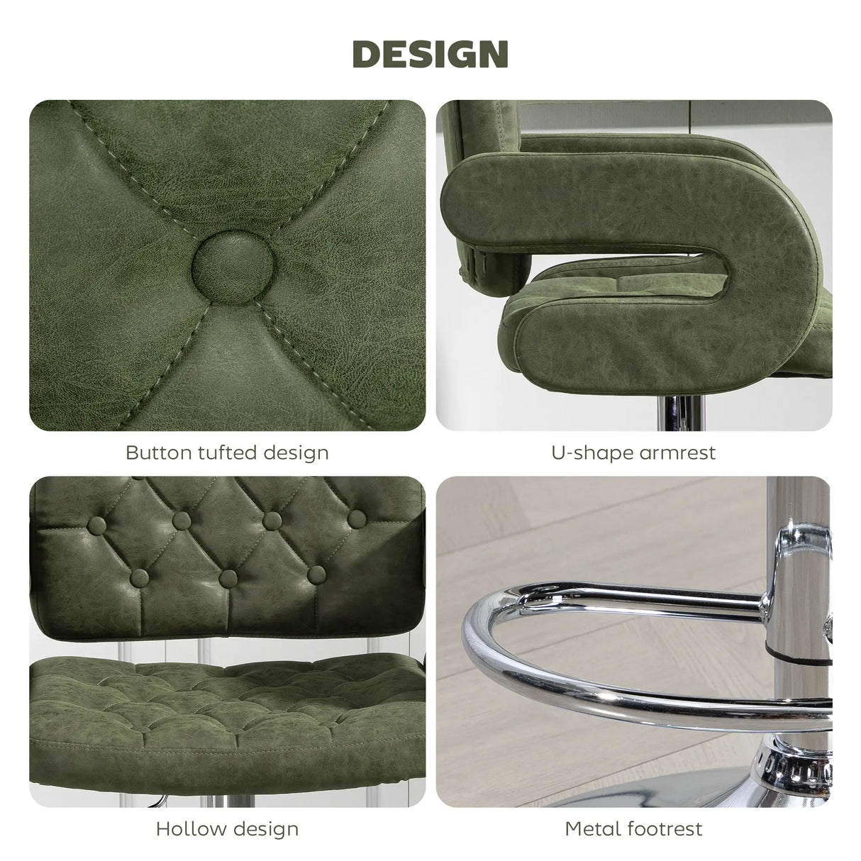 HOMCOM PU Leather Upholstered Swivel Bar Stool, Height Adjustable with Back, Armrest, Footrest, Green