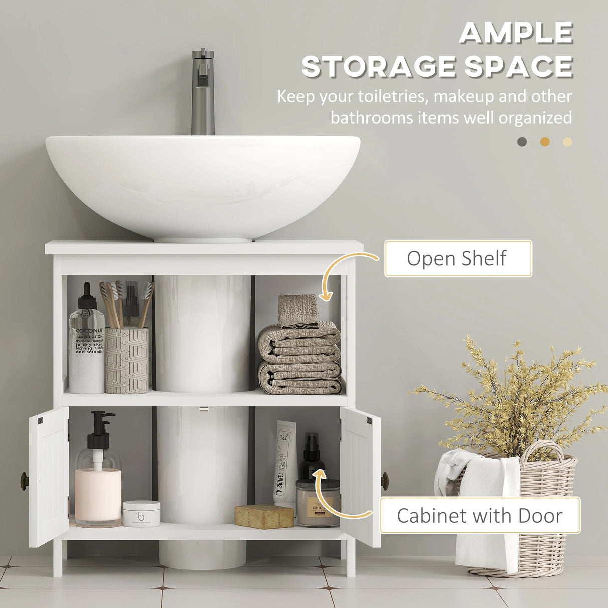 kleankin Pedestal Under Sink Cabinet with Double Doors, Modern Bathroom Vanity Storage Unit with Shelves, White