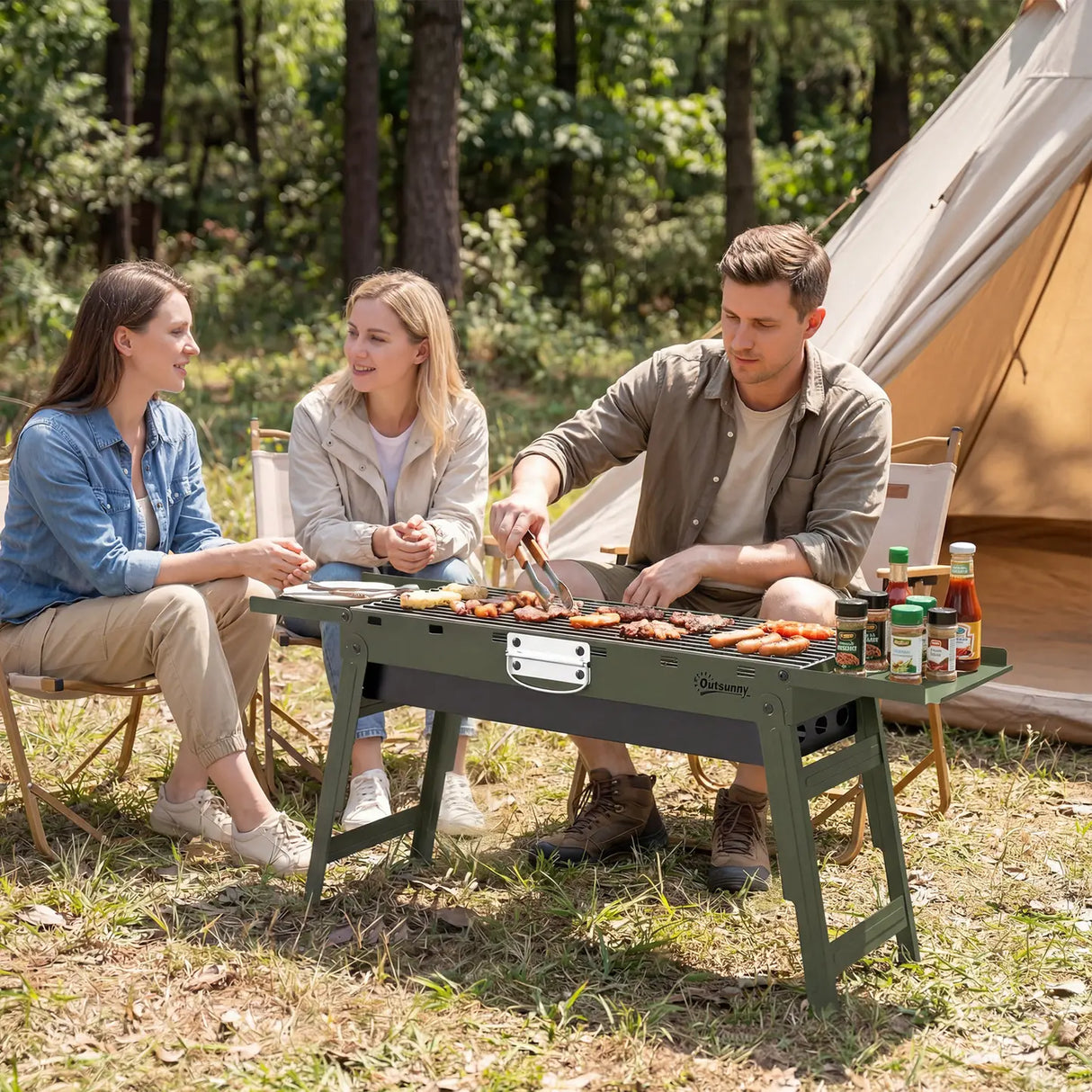 Outsunny Portable BBQ Grill, Foldable Charcoal Grill for Camping and Picnics with 2 Side Shelves and Handle, Green