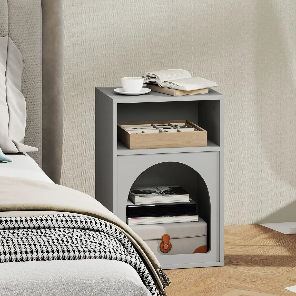 HOMCOM Bedside Table with 2 Open Compartments - Grey