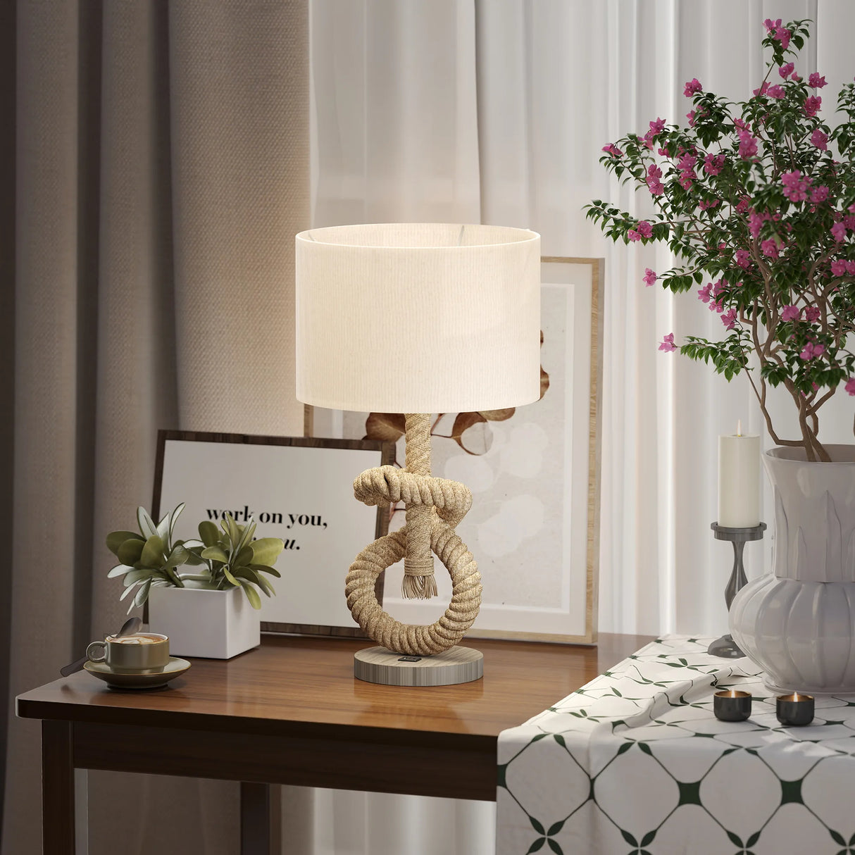 HOMCOM Nautical LED Table Lamp with USB Charging Port, Bedside Desk Lamp for Bedroom, Living Room, Home Office