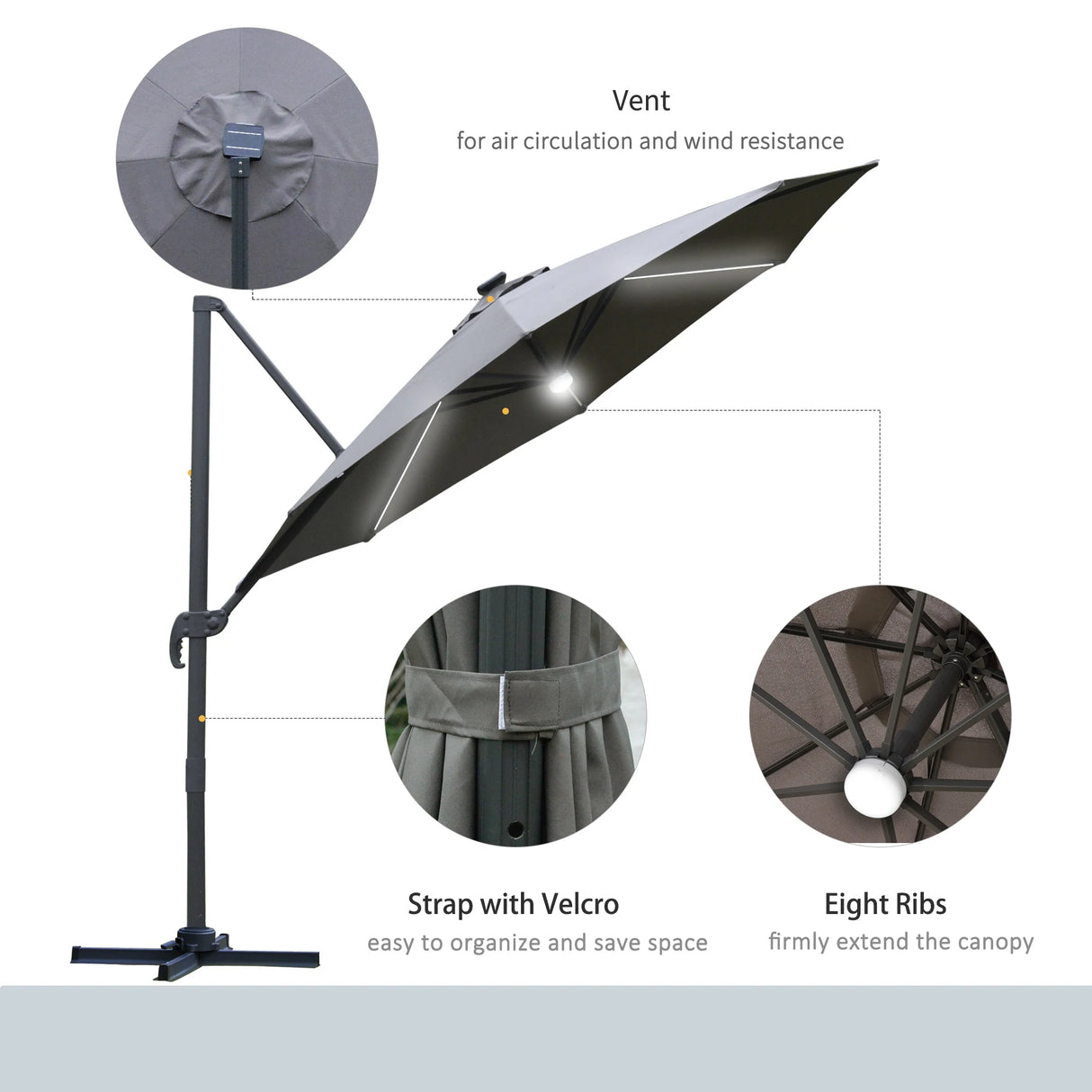 Outsunny 3(m) LED Cantilever Parasol Outdoor Sun Umbrella w/ Base Solar Lights Grey