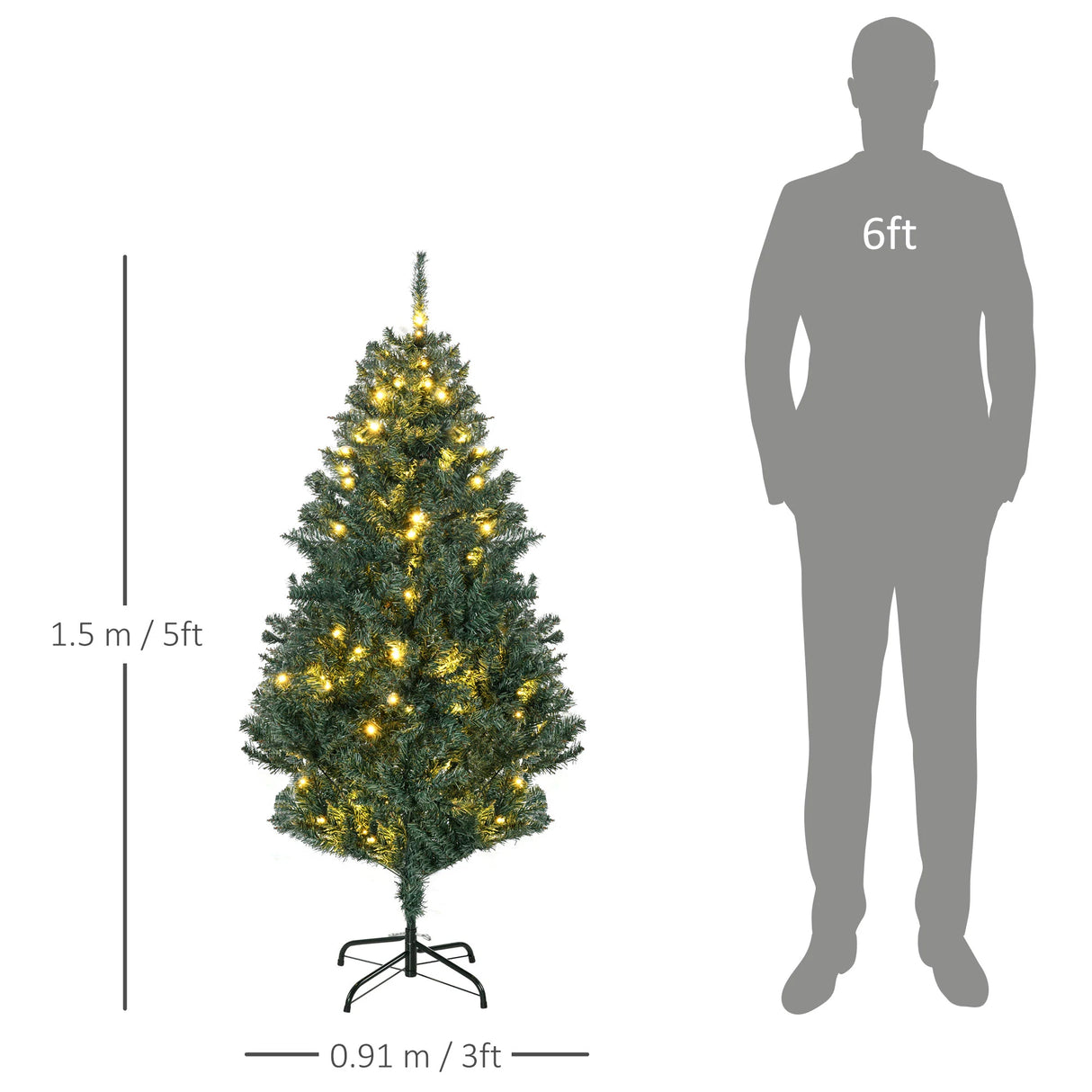 HOMCOM 5' Artificial Prelit Christmas Trees Holiday Dcor with Warm White LED Lights, Decoration, Banner, Tag, Ball
