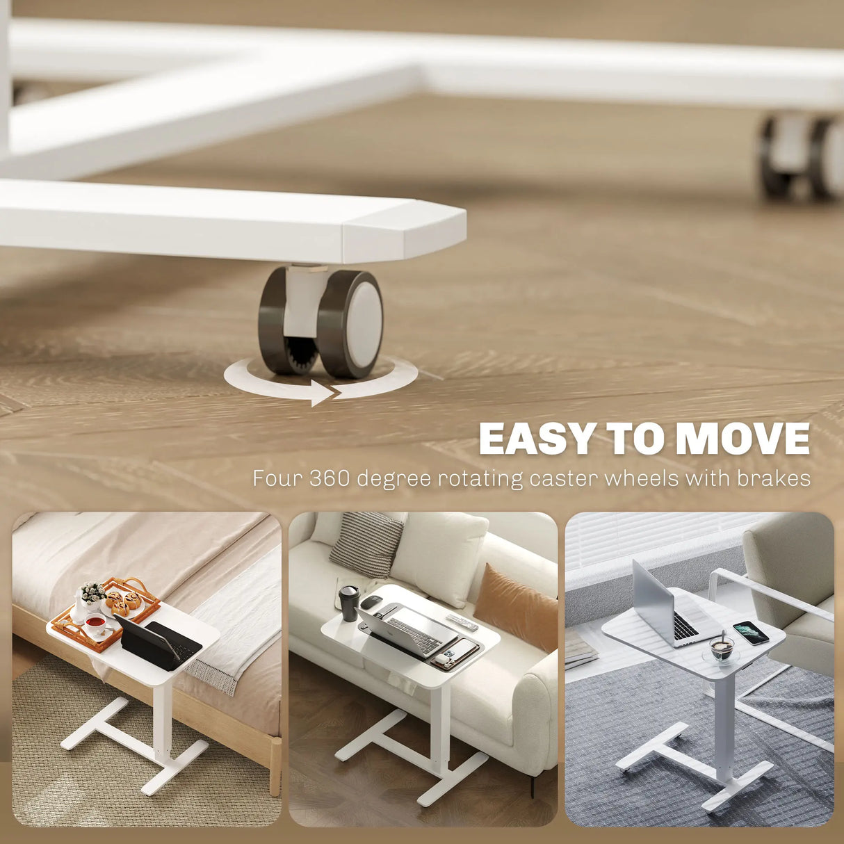 HOMCOM Height Adjustable Standing Desk, Pneumatic Sit Stand Desk for Laptop, Mobile Overbed Table with Wheels for Home Office, White