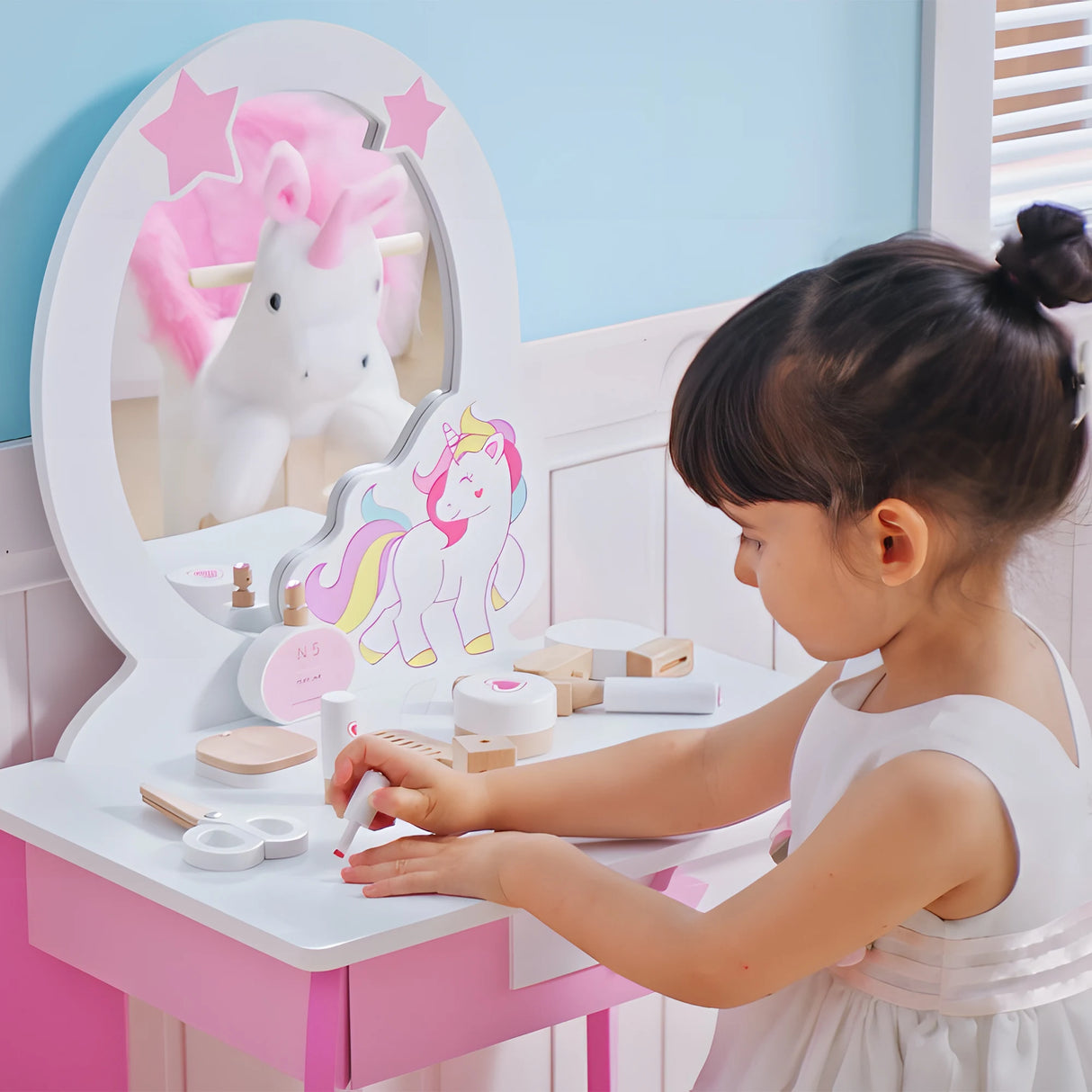 HOMCOM Kids Dressing Table with Mirror, Stool, Pink