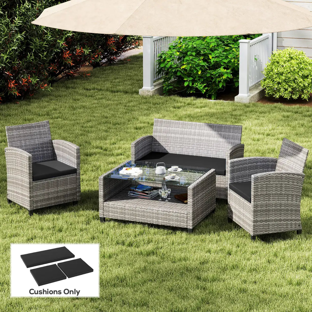 Outsunny Outdoor Seat Cushion Pads for Rattan Furniture, 3 PCs Garden Furniture Cushions, Black