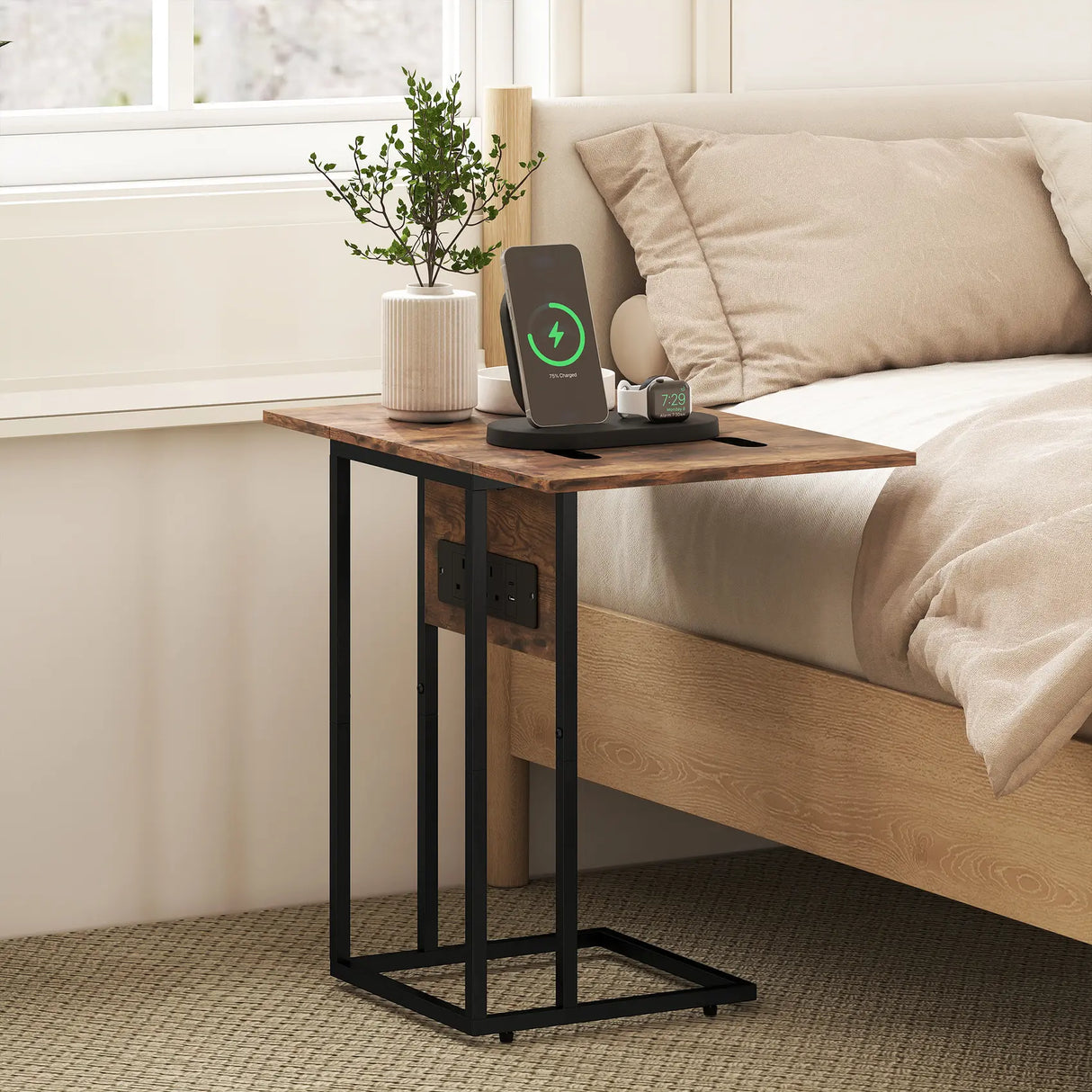 HOMCOM C Shaped Side Table with Charging Station and Foldable Top - Rustic Brown
