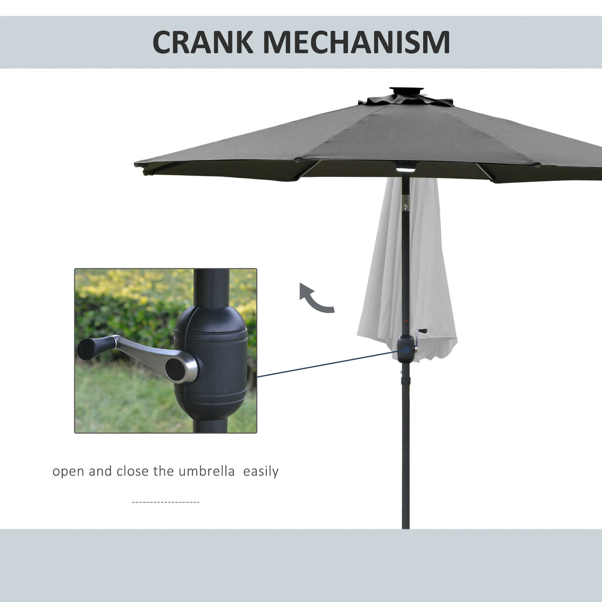Outsunny 2.7m Garden Parasol Sun Umbrella w/ LED Solar Light Angled Canopy Grey