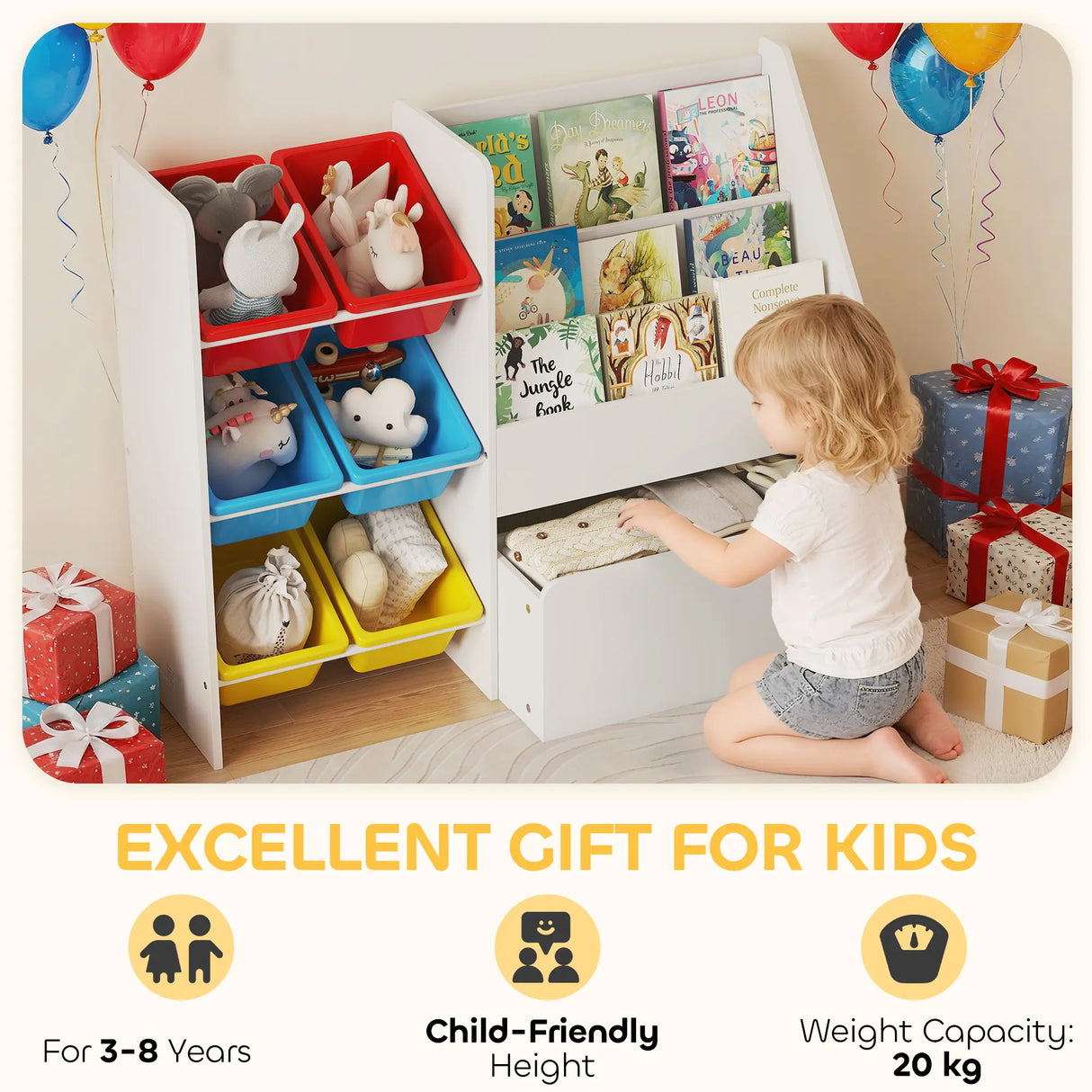 AIYAPLAY Toy Storage Unit, 3-Tier Toy Organiser Shelf with 6 Removable Storage Bins for Bedroom, Nursery, Multicoloured