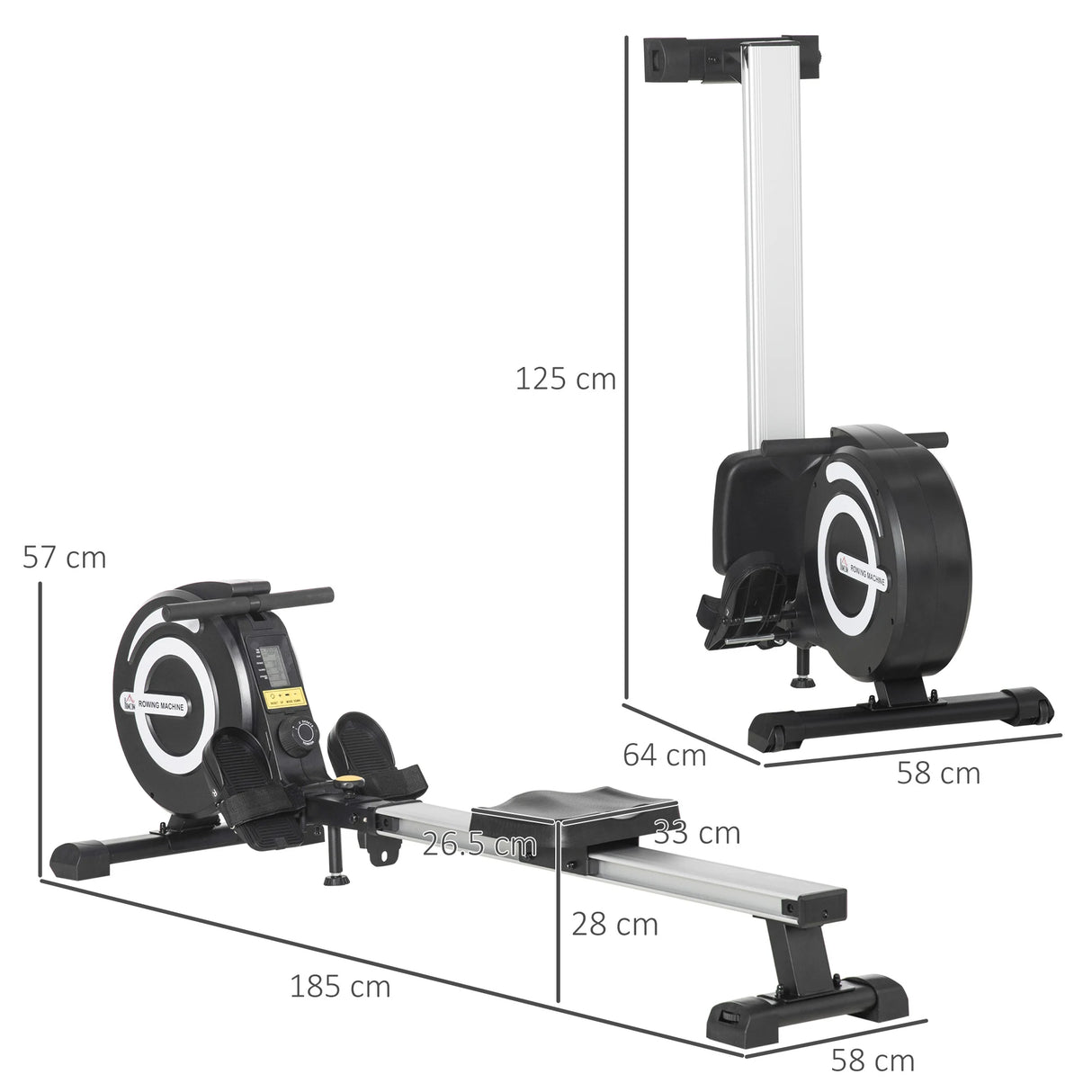 HOMCOM Folding Rowing Machine, Magnetic Rower Machine with 8 Levels Quiet Resistance, LCD Monitor, Wheels, Aluminium Slide Rail and Vertical Storage, for Home Gym Cardio Training