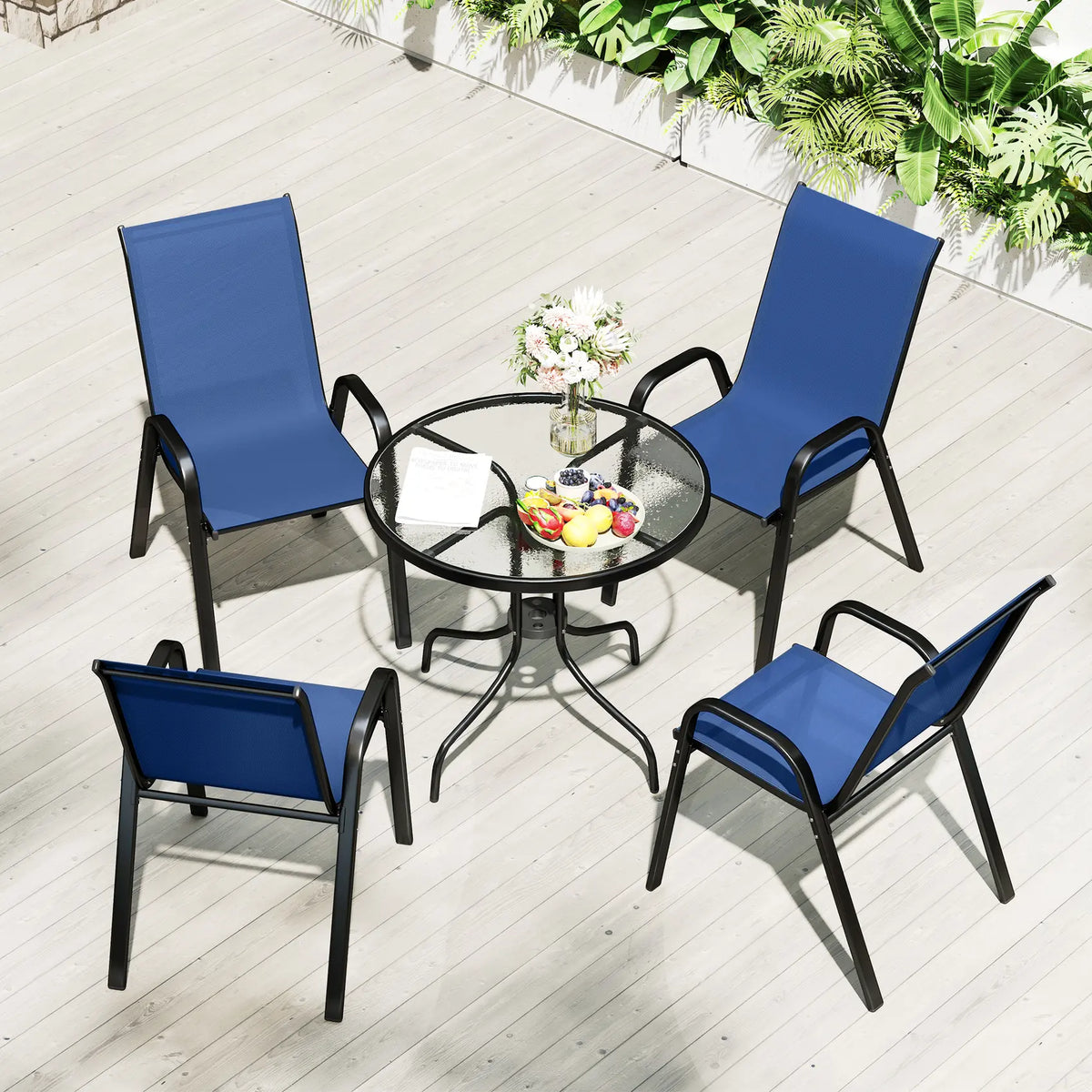 Outsunny Five-Piece Steel Patio Set, with Glass-Top Table - Dark Blue