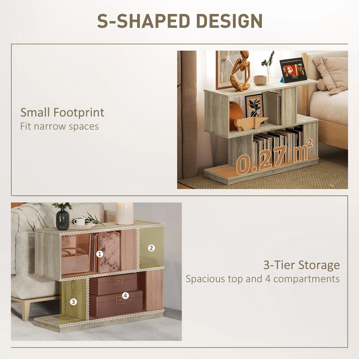 HOMCOM S-Shaped Side Table - Natural Wood Finish