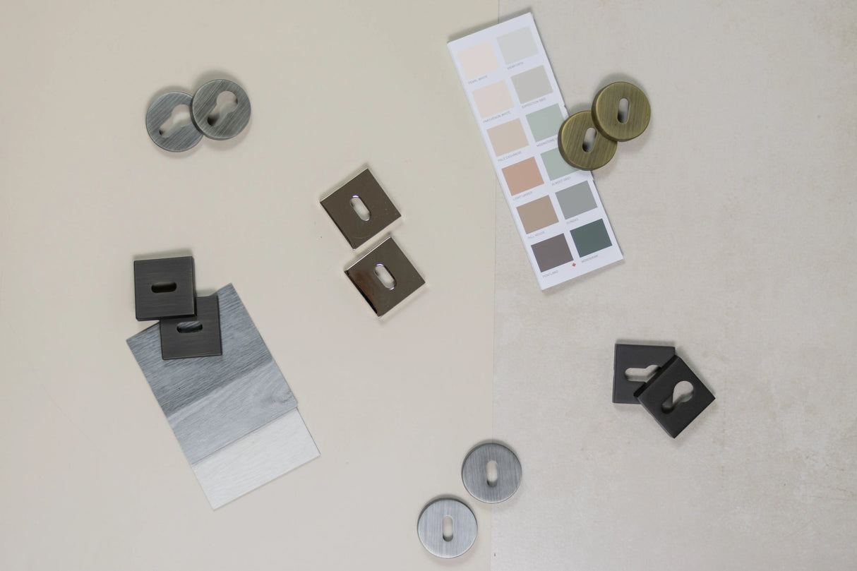 Forme Key Escutcheons on Minimal Square Rose - Satin Nickel - Pair