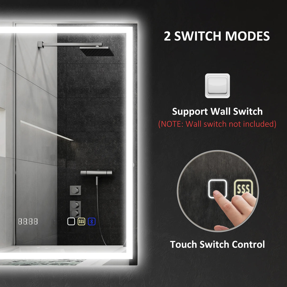 HOMCOM 50 x 70 cm Anti-Fog LED Bathroom Mirror, with Bluetooth and Clock - Silver Tone