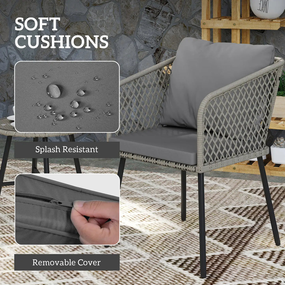 Outsunny Three-Piece Cut-Out Rattan Chair and Table Set - Grey