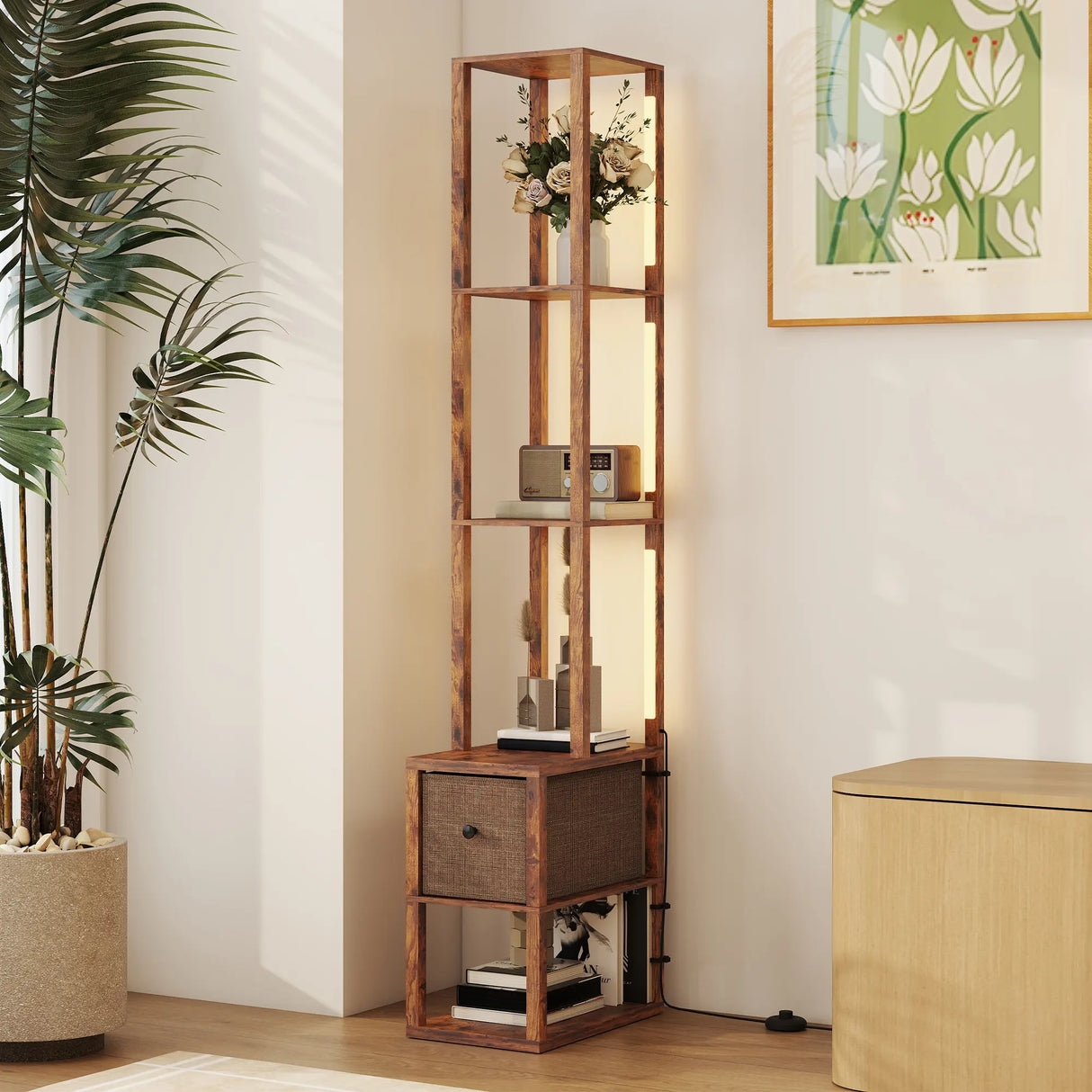 HOMCOM Floor Lamp with Shelves, LED Column Modern Standing Lamp with Fabric Drawer, Adjustable Brightness, Foot Switch for Living Room, Bedroom, Office, Rustic Brown