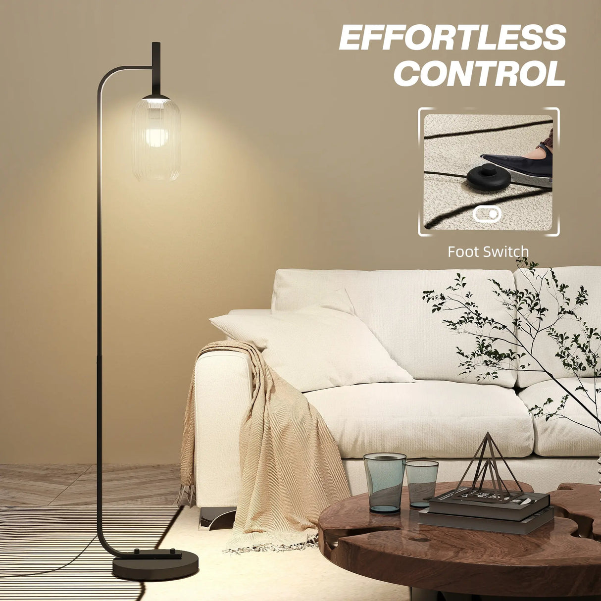 HOMCOM Floor Lamp for Living Room with Glass Lampshade, Modern Standing Lamp with Foot Switch for Bedroom, Bulb not Included, Black