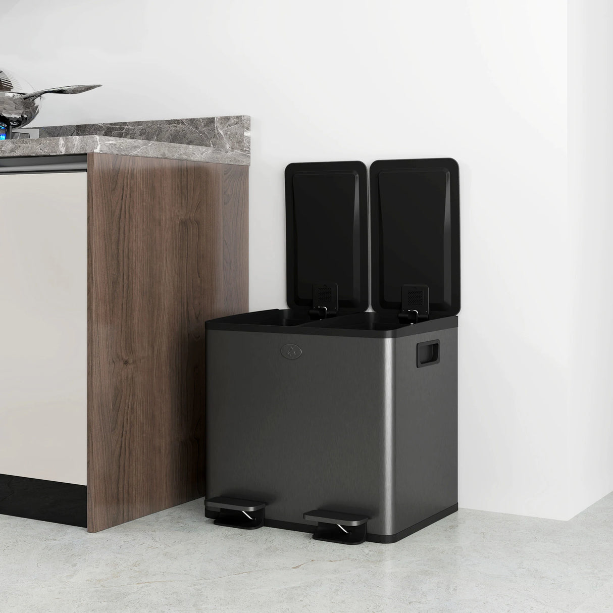 HOMCOM 30L Dual Compartment Stainless Steel Bin, with Deodoriser Holders - Black