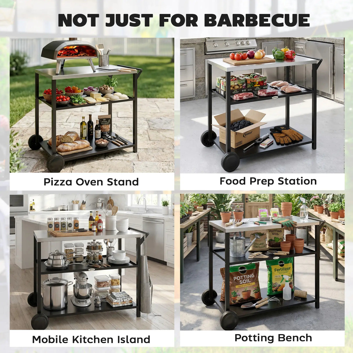 Outsunny Outdoor Grill Cart with Stainless Steel Tabletop for Kitchen Prep, Two-Tier Pizza Oven Stand on Wheels, Black