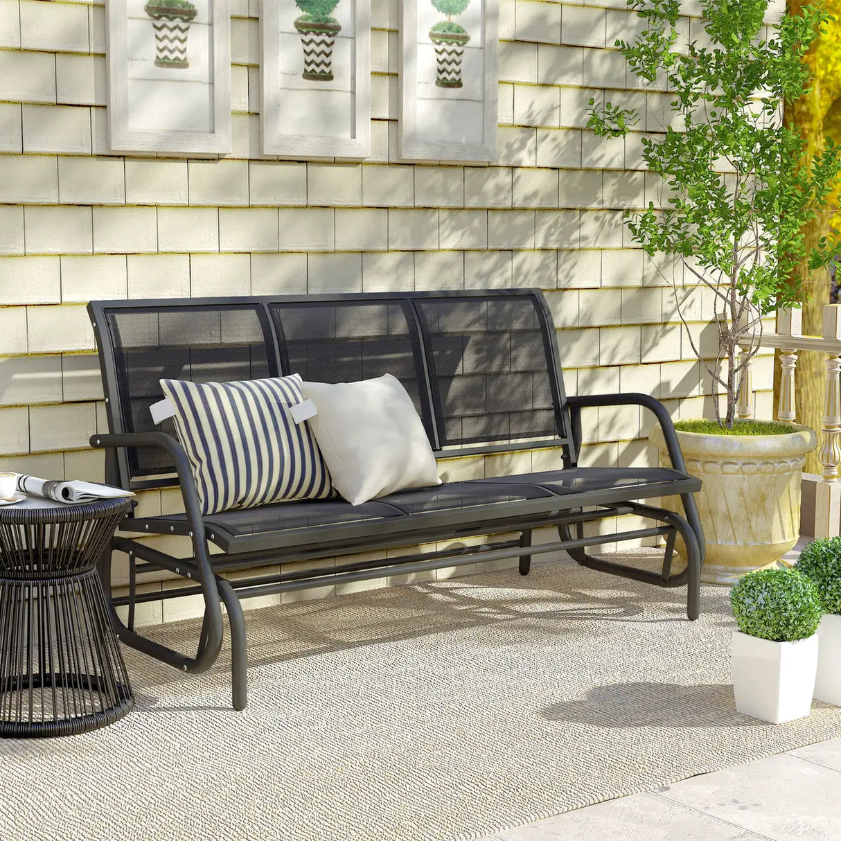 Outsunny 3-Seat Glider Rocking Chair for 3 People Garden Bench Patio Furniture Metal Frame, Black