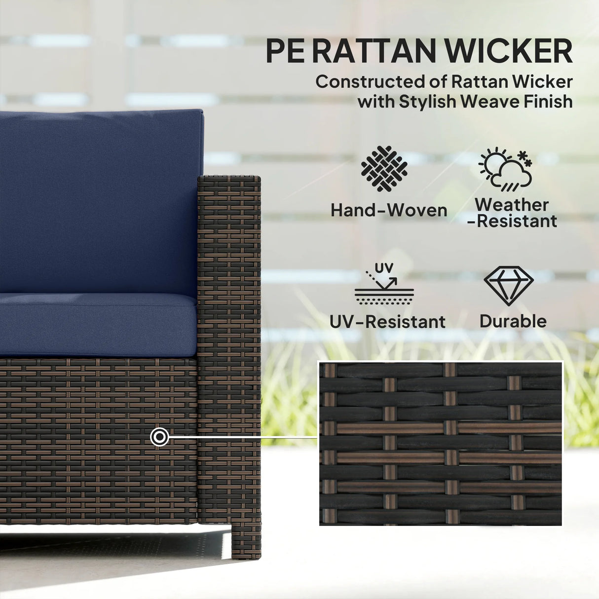 Outsunny 3 Seater Rattan Sofa All-Weather Wicker Weave Metal Frame Chair with Fire Resistant Cushio-Dark Blue
