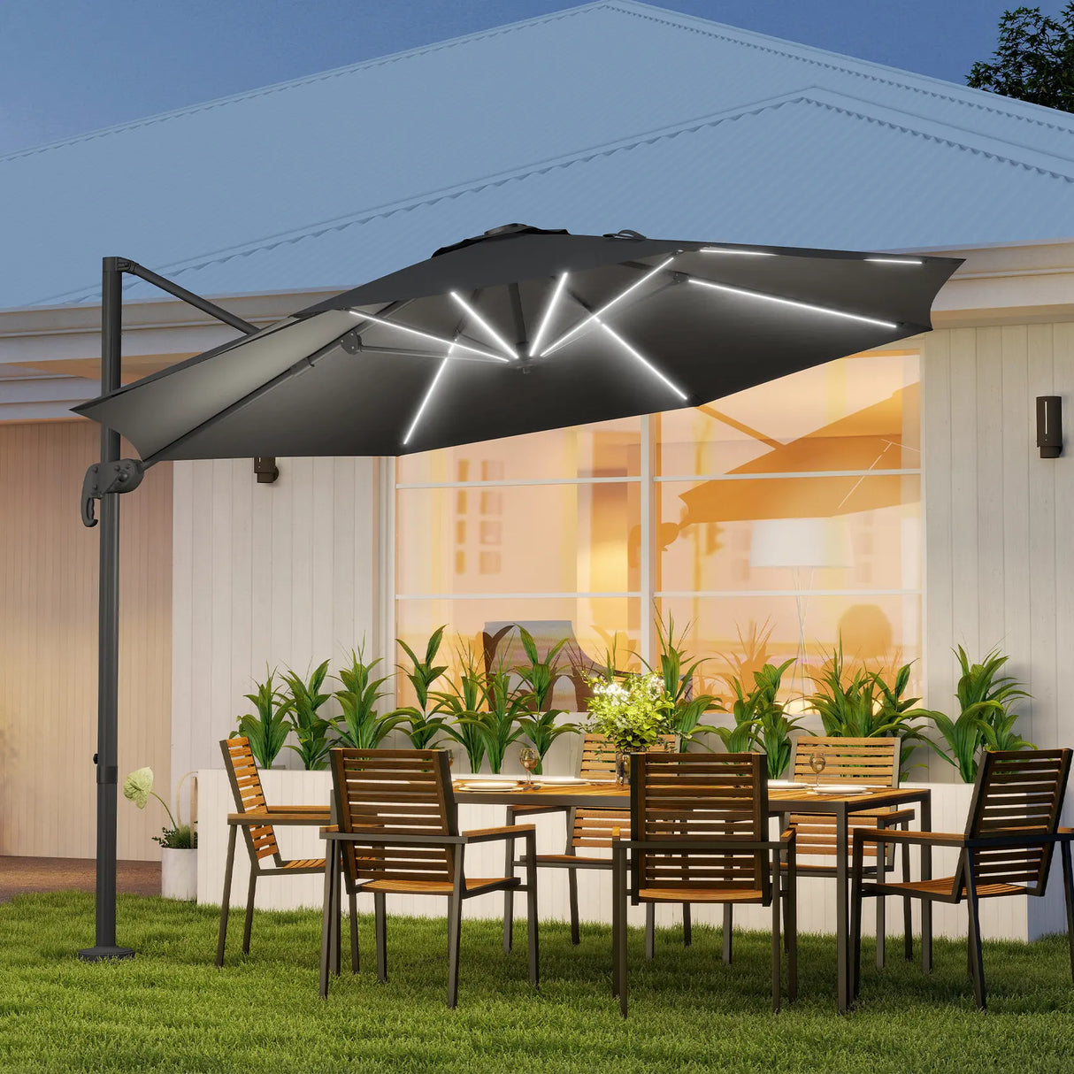 Outsunny 3(m) Adjustable Cantilever Parasol with Base, Solar LED Lights, Dark Grey