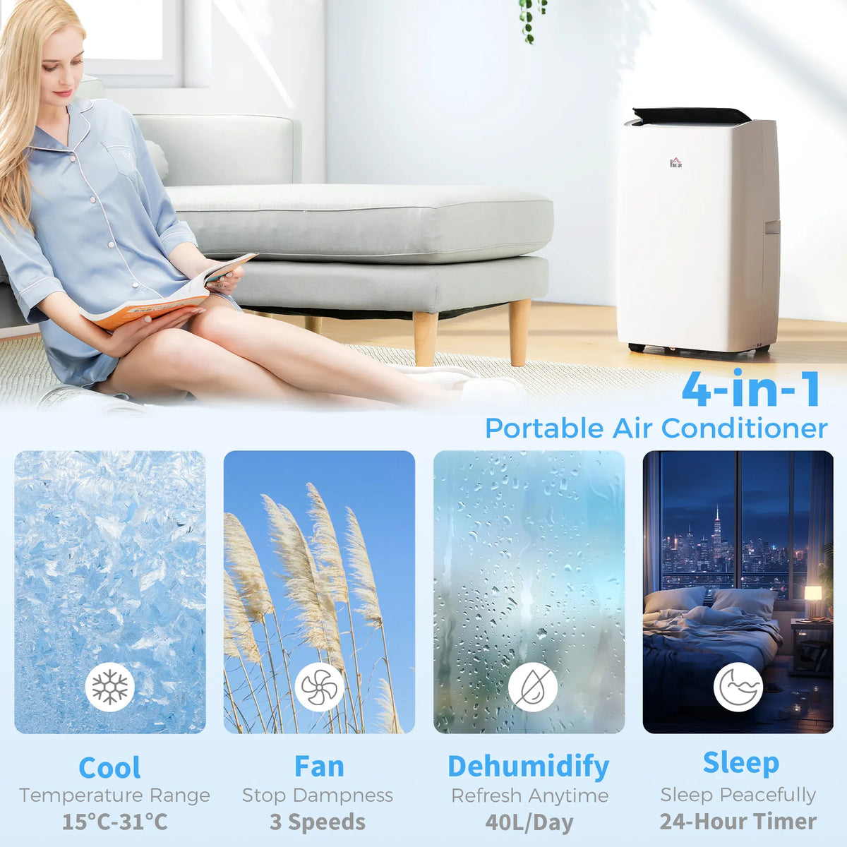 HOMCOM Portable Air Conditioner 14000 BTU, 4-in-1 Air Conditioning Unit, Dehumidifier, Cooling, Fan, Sleep Mode with 2 Speeds, Remote, LED Display, 24H Timer, Window Kit, Child Lock, 40m2, Cream