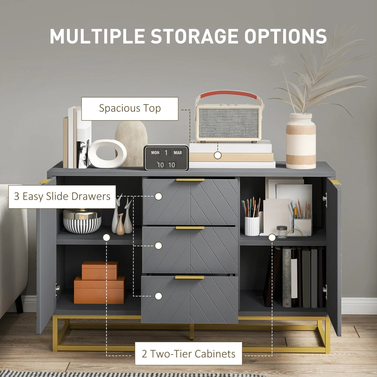HOMCOM Sideboard with 3 Drawers and Adjustable Shelves for Living Room - Grey