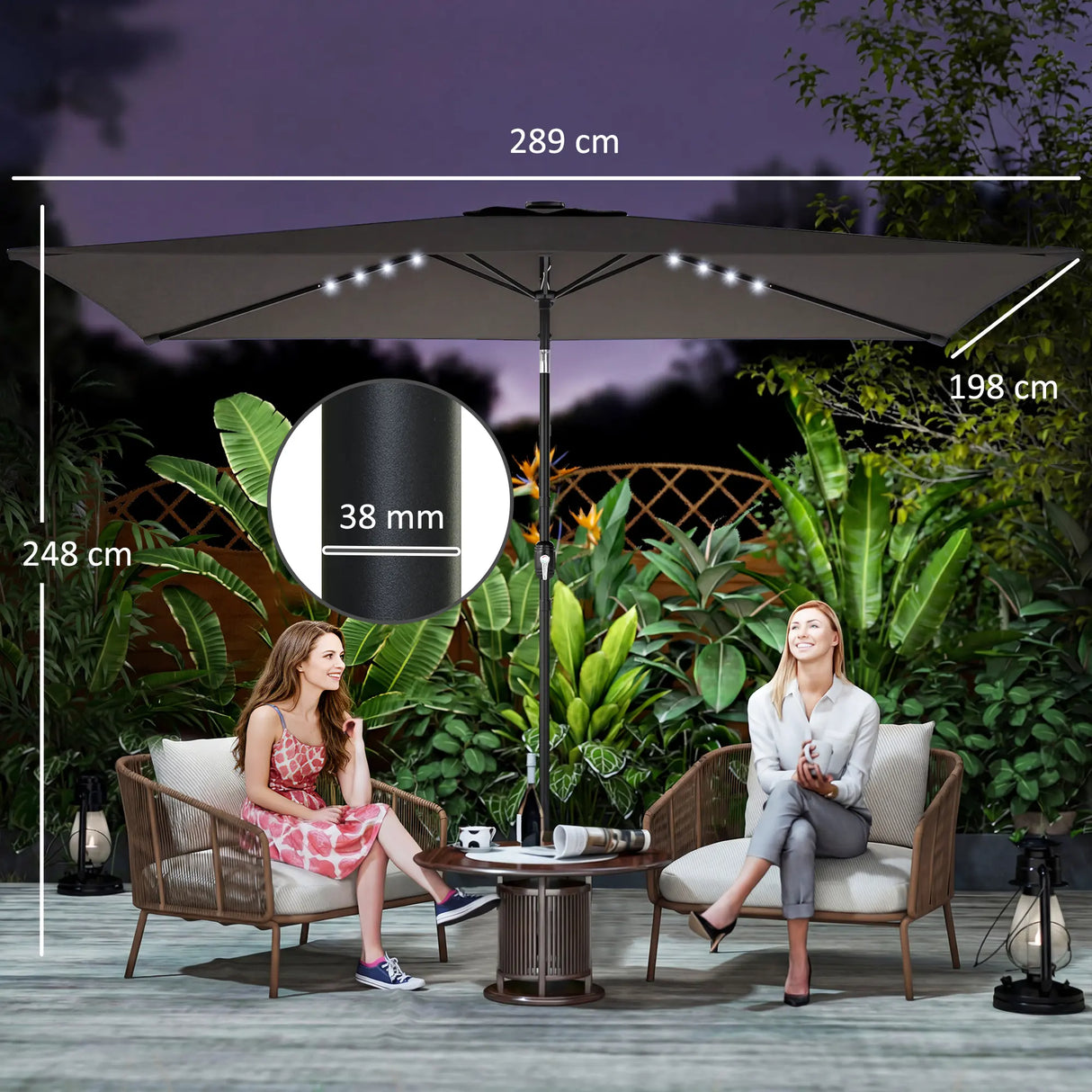 Outsunny 3 x 2 m Garden Parasol Umbrella with LED Solar Light, Parasol Cover, Outdoor Market Patio Umbrella, Black