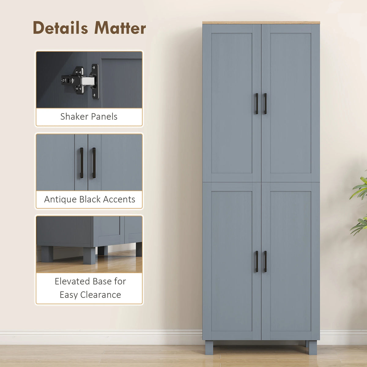 HOMCOM Freestanding Kitchen Cupboard, 4-Door Storage Cabinet with Adjustable Shelves, Modern Kitchen Pantry for Dining Room, 170cm, Grey Wood Effect