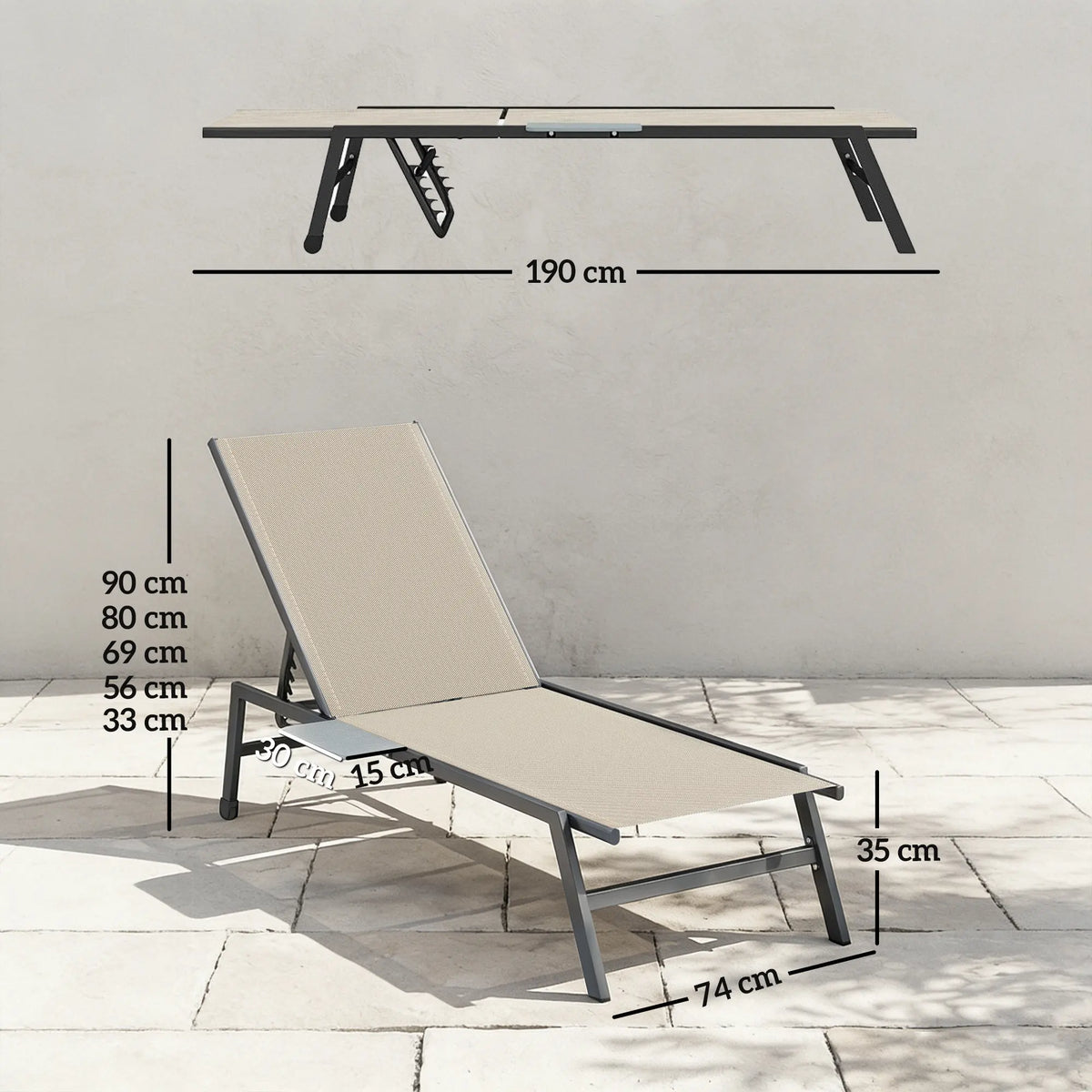 Outsunny Sun Loungers Set of 2 with Side Tray Table, Garden Recliners with 5-Position Adjustable Backrest, 2 Wheels, Khaki