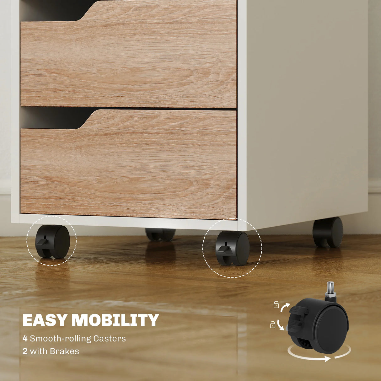 HOMCOM 3 Drawer Mobile File Cabinet, Vertical Filing Cabinet with Wheels for Home Office, Oak