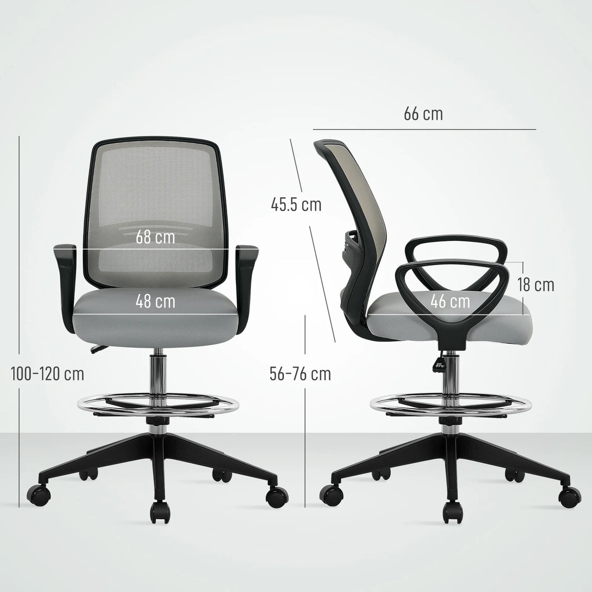 Vinsetto 100-120cm Draughtsman Office Chair, with Footrest - Light Grey